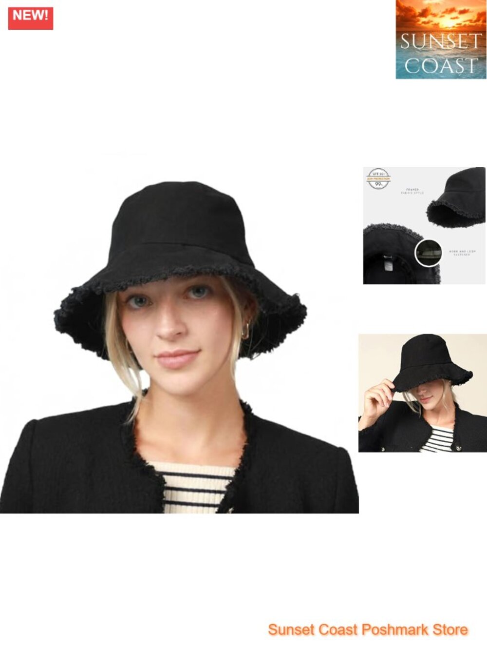 Frayed Bucket Hat Washed Cotton Wide Brim Boonie Cap UPF 50+ Sun Protection